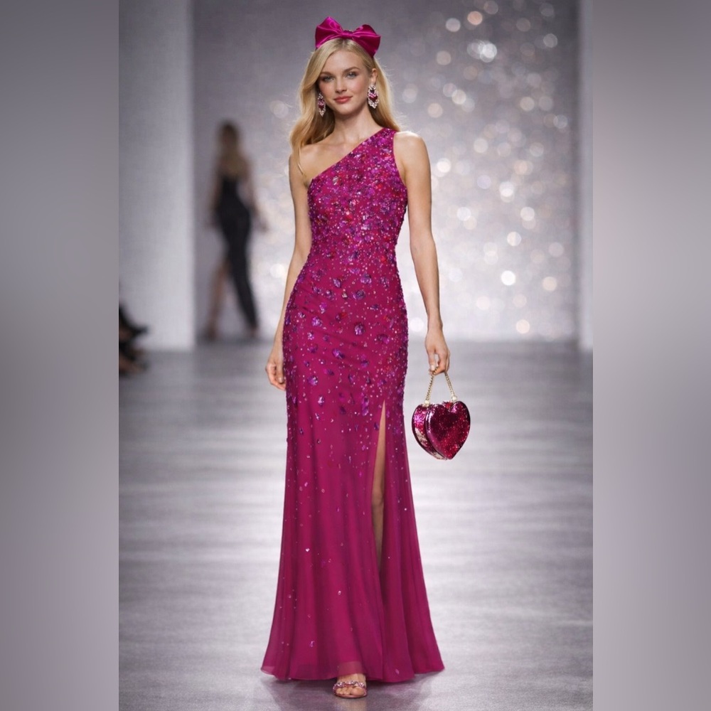 Adrianna Papell Fuchsia One-Shoulder Beaded Gown Size 12 NWT GALA MOB Formal
